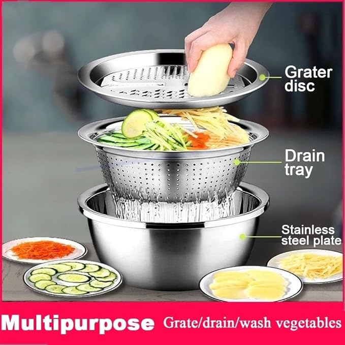 Multifunctional Stainless Steel Basin Set – 3-in-1 Food Prep Master (26CM)
