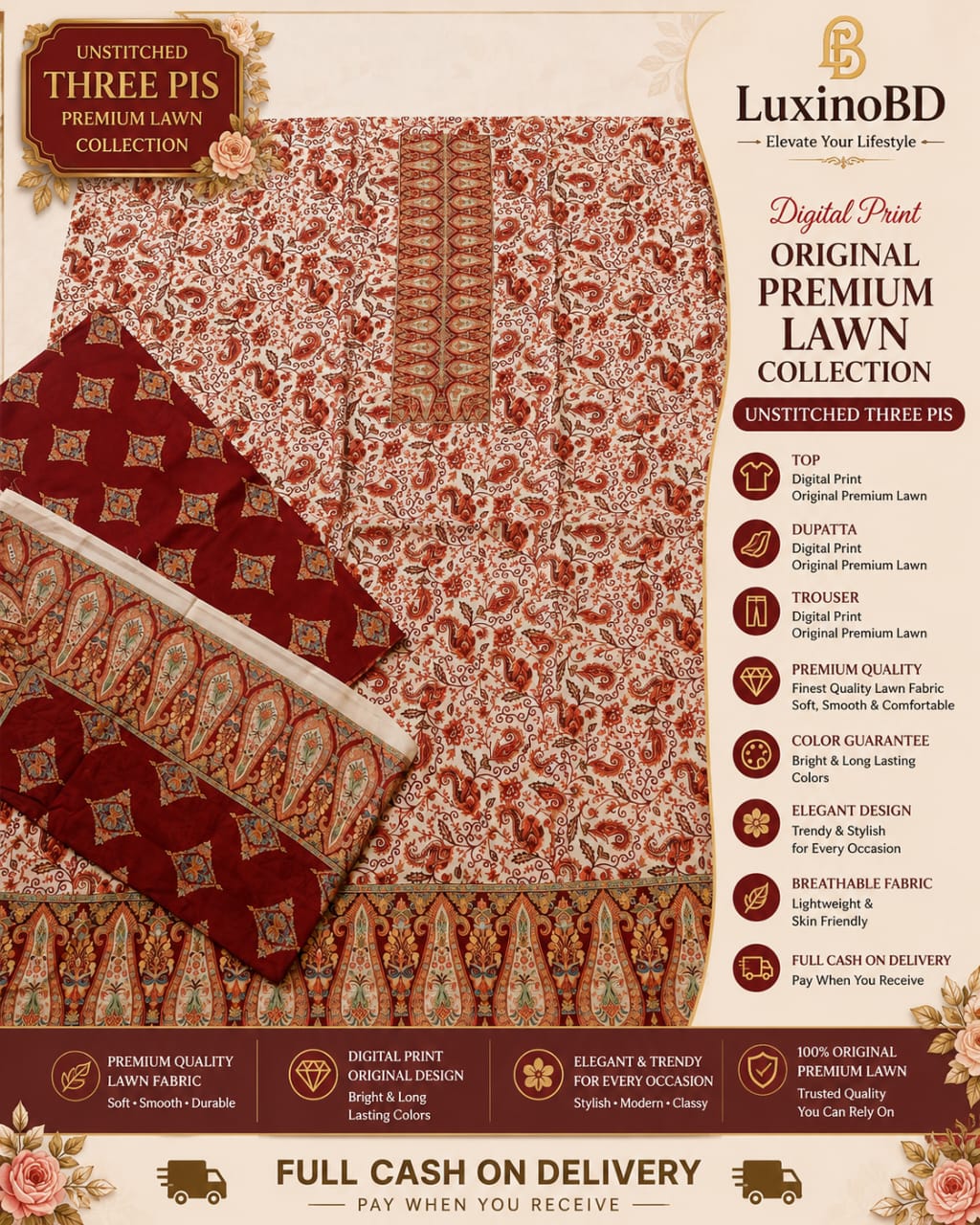 Premium Unstitched Three Piece