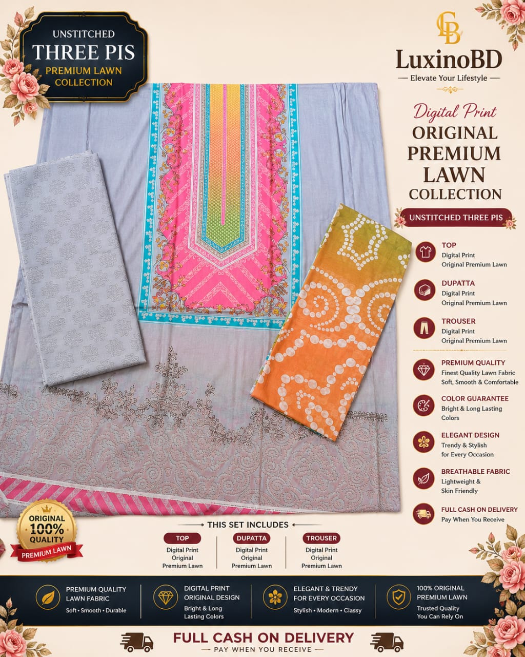 Premium Unstitched Three Piece