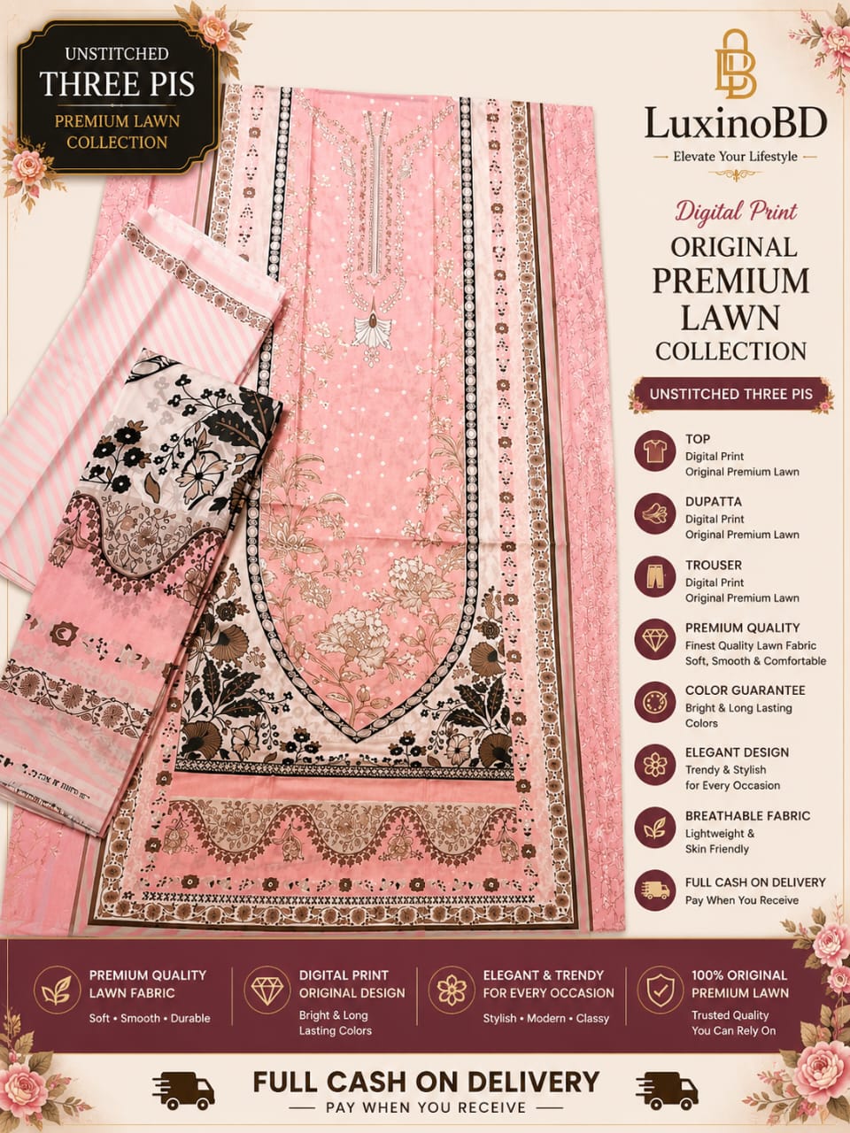 Premium Unstitched Three Piece